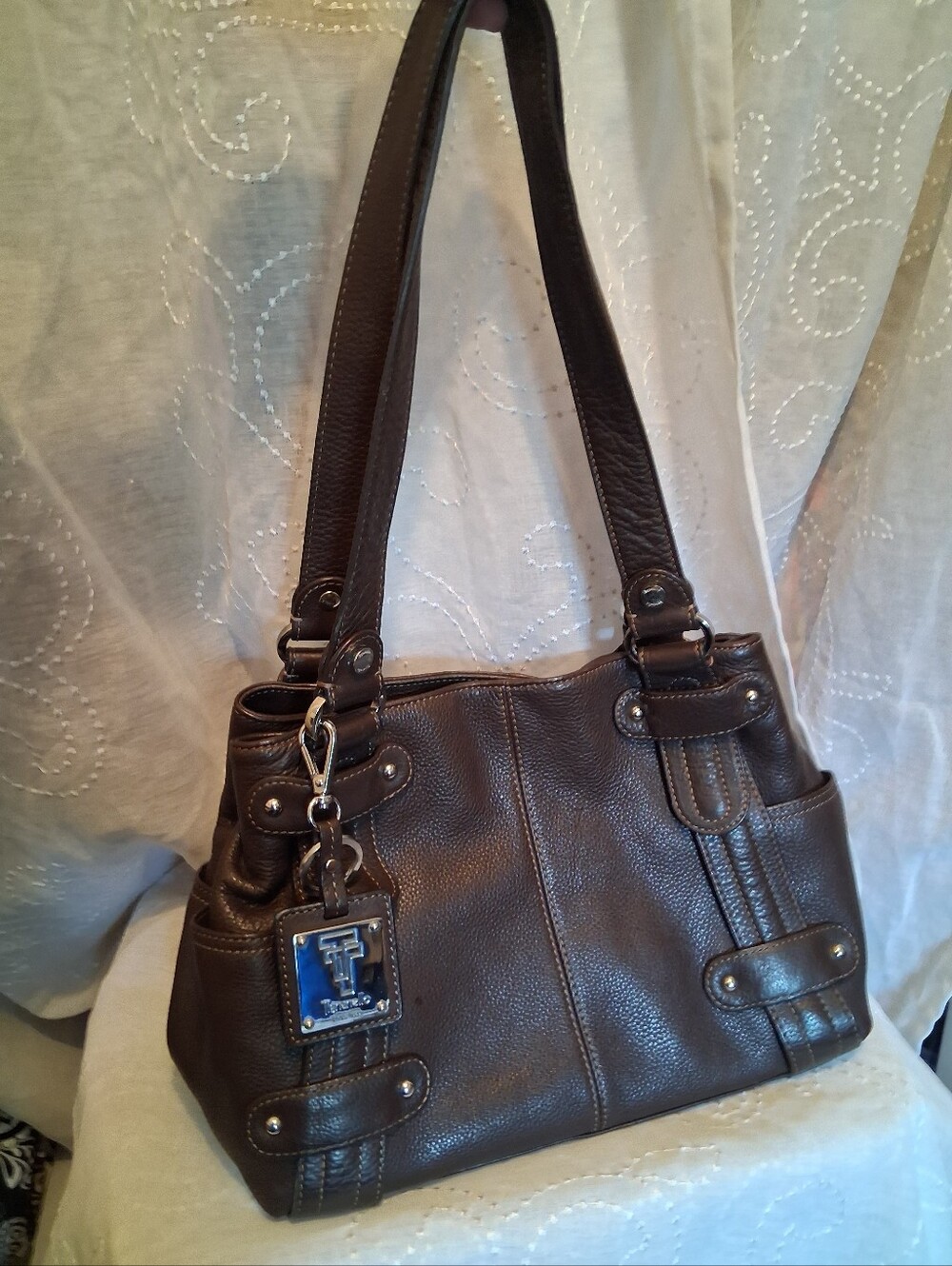 Tignanello Dark Brown Pebbled Leather Shoulder Bag with Logo Charm